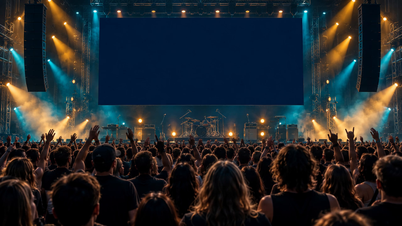 Concert crowd facing a large stage screen