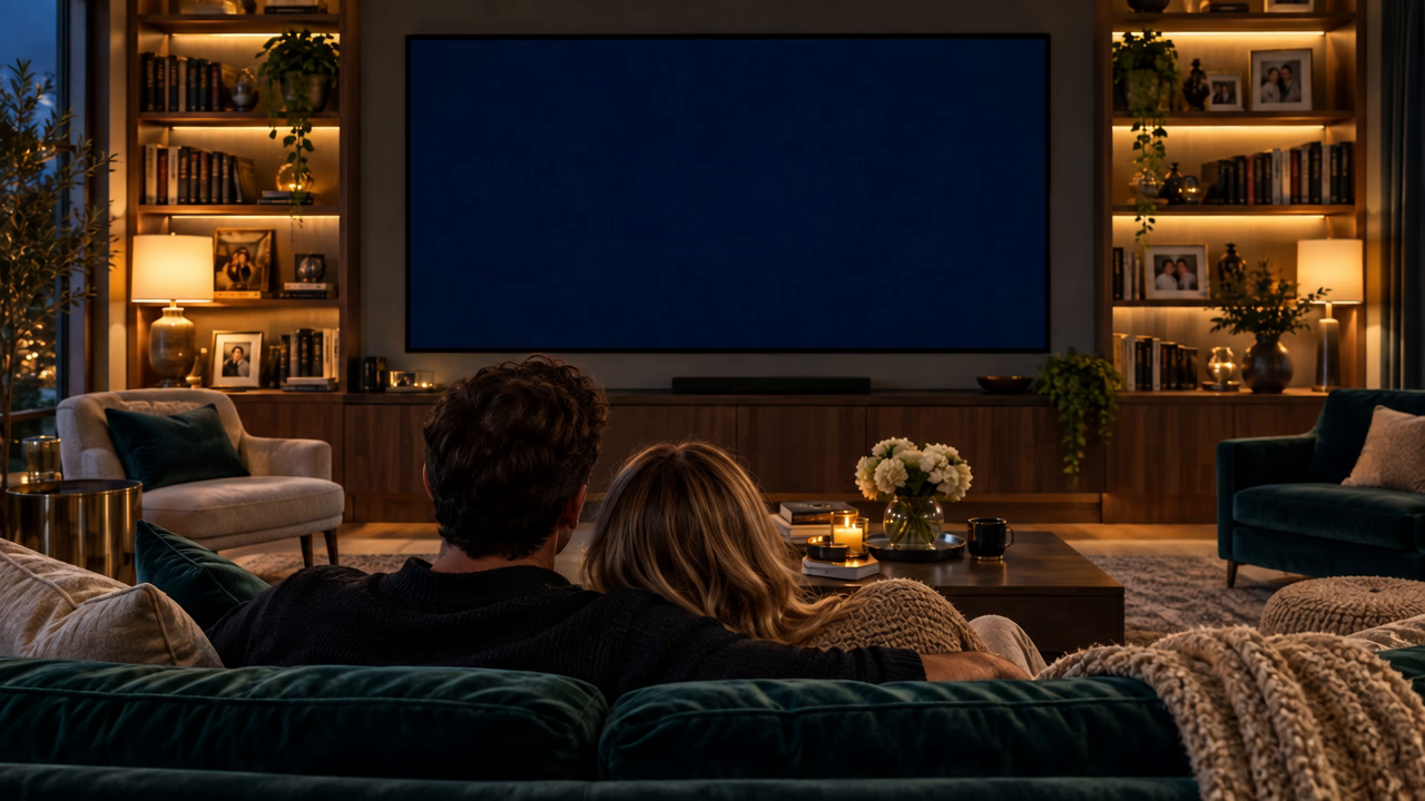 A couple relaxing on a sofa facing a home cinema screen