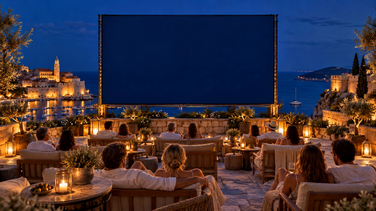 Outdoor cinema on a coastal hotel terrace overlooking a harbour