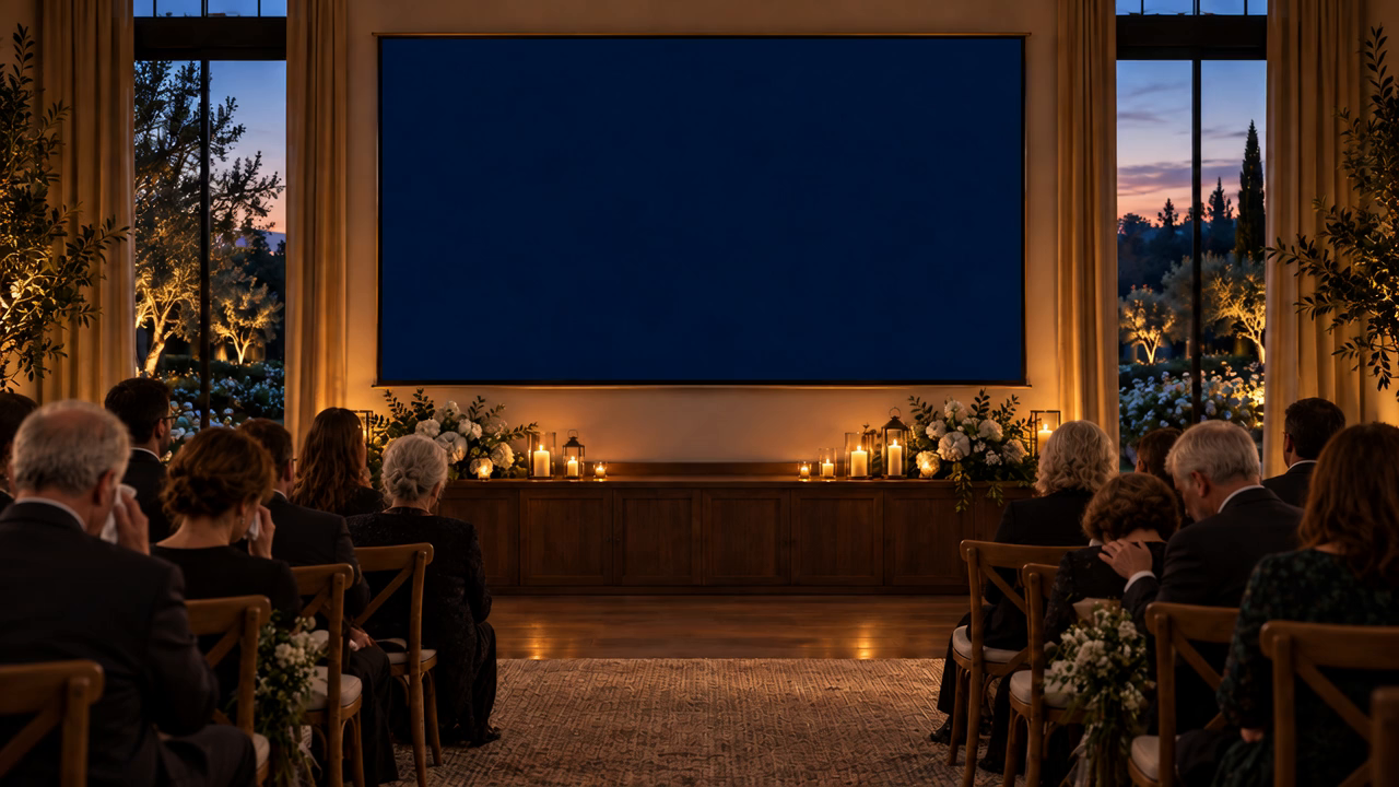 A peaceful candlelit screening room with flowers and a twilight garden