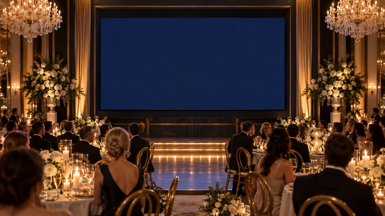 Guests seated at candlelit wedding tables facing a large projector screen